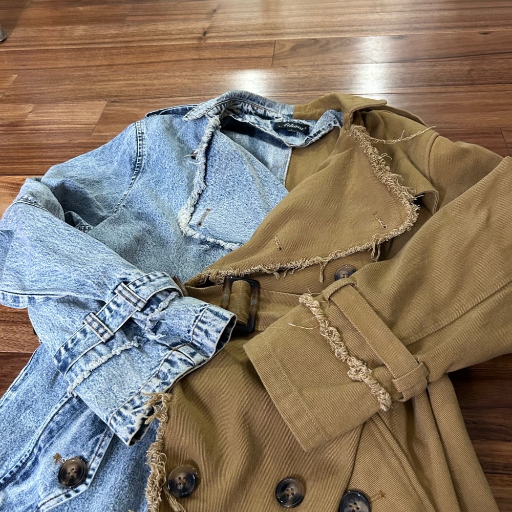 Athina Womens color block Trench Coat Denim and Tan Canvas Frayed Edges Belted - Picture 7 of 11